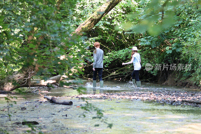 男孩和女孩在河边、林地里玩耍/涉水